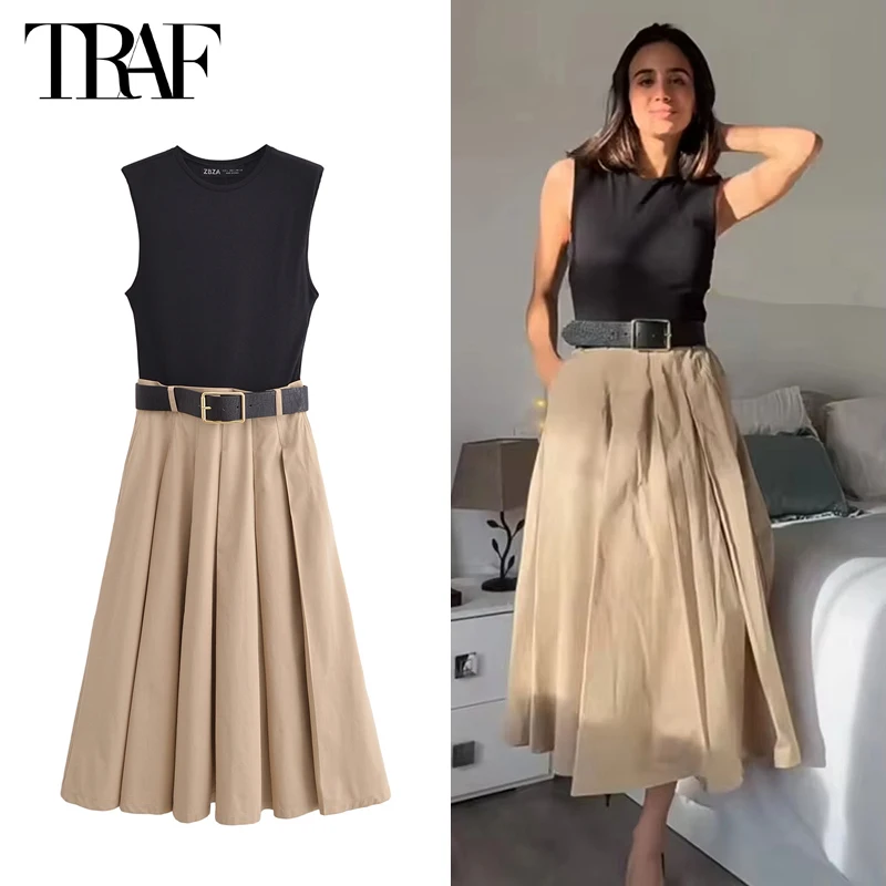 TRAF 2025 여성 드레스 벨트 Pleated 미디 드레스 여성 민소매 여름 드레스 여성 니트 파티 드레스 여성 Sundress