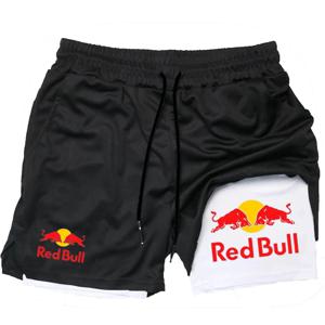새로운 남성용 2-in-1 Red Bull 스포츠 반바지 통기성 캐주얼 속건성 더블 레이어 반바지 여름 러닝 스포츠 속옷 M-3XL