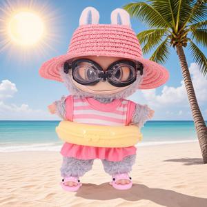 Labubu 인형 옷 수영복 귀여운 상어 슬리퍼 15-17Cm Labubu 안경 밀짚 모자 아이돌 스타 인형 액세서리 휴일 선물
