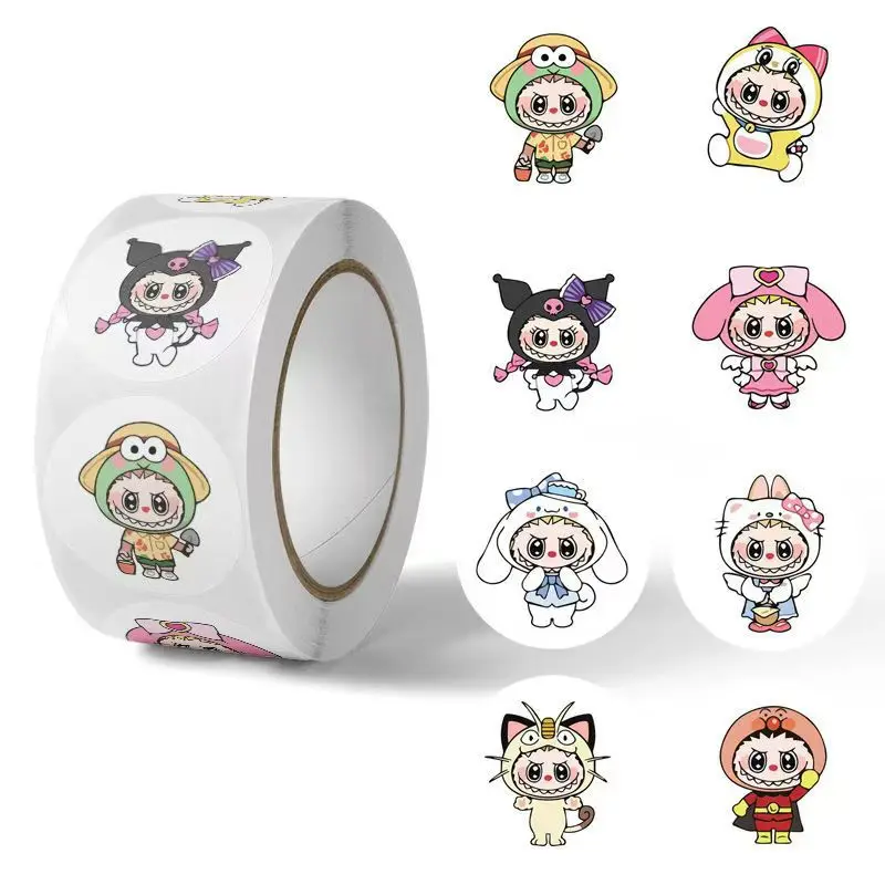 500pcs/Roll 귀여운 애니메이션 만화 Labubu 스티커 낙서 미적 장식 수하물 노트북 일기장 어린이 Kawaii 스티커 장난감