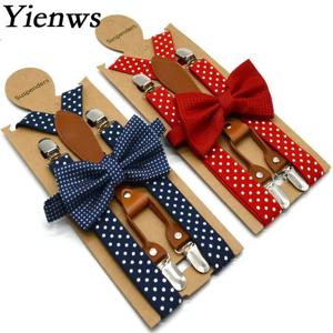 Yienws 폴카 도트 보우 타이 멜빵 남녀공용, 4 클립 가죽 서스펜소리오 성인용 보우 타이 브레이스, 바지 네이비 레드 YiA119
