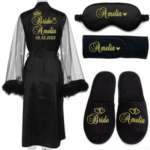 사용자 정의 이름 날짜 결혼식 깃털 신부 가운 신부 들러리 목욕 가운 Nightwear 긴 우아한 여자 가운 파티를위한 섹시한 잠옷