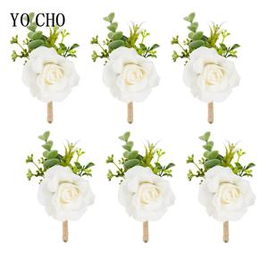 남자를위한 6PCS 화이트 아이보리 로즈 Boutonniere 결혼식 기념일을위한 인공 꽃과 신랑과 최고의 남자 Boutonnieres