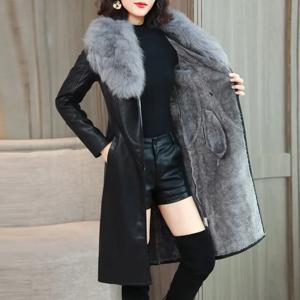 PU 가죽 모피 칼라 겨울 코트 여성 솔리드 조절 허리 중간 길이 슬림 자켓 2023 새로운 패션 레이디 캐주얼 따뜻한 아웃웨어