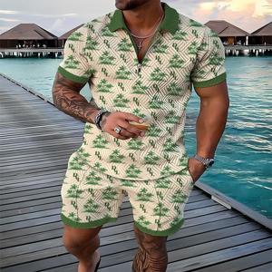 남자 여름 Tracksuit 스포츠 정장 남자 세트 3D 인쇄 캐주얼 반소매 T 셔츠 옷깃 지퍼 폴로 셔츠 남성 의류 조깅