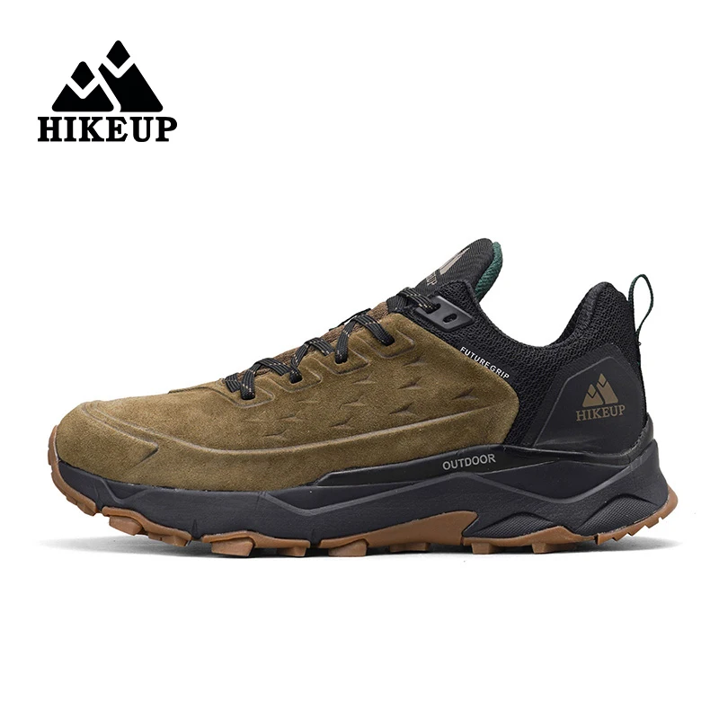 HIKEUP 남성용 하이킹 신발 야외 스포츠 캠핑 사냥 워킹 슈즈 스웨이드 정품 가죽 통기성 운동화 미끄럼 방지