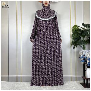 여성을위한 이슬람 라마단기도 긴 소매 꽃 2023 두바이 터키 중동 Femme 느슨한 가운 아프리카 Abayas Headscarf Dress