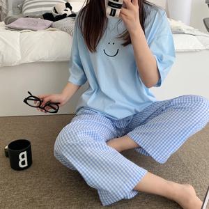 여성용 반팔 바지 투피스 잠옷 홈웨어 세트, 용수철 및 가을 잠옷, 캐주얼 한국 홈웨어