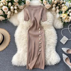 Vestidos 솔리드 한국어 빈티지 높은 허리 여성 드레스 Bodycon 섹시한 스트레치 니트 2024 여름 드레스 세련된 16347