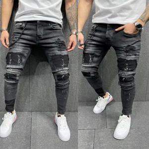 블랙 90% 코튼 남성 레트로 워시 악세사리 스트레치 찢어진 청바지 꽉 구멍 패치 데님 Pantalones 인쇄 지퍼 조깅