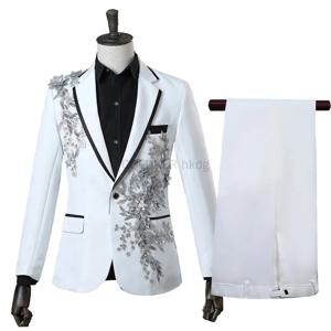 COLDKER 우아한 Appliqued Mens 정장 슬림 피트 2 조각 정장 턱시도 정장 결혼식 파티를위한 나비 넥타이와 블레이저 바지