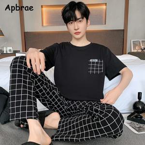 남자를위한 새로운 여름 부드러운 코튼 잠옷 세트 패션 오-넥 잠옷 반팔 격자 무늬 바지 홈 슈트 플러스 사이즈 L-4XL Pijamas