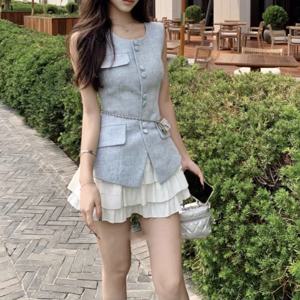 여성용 조끼 통근 2024 여름 라운드 넥 여성용 허리 조임 무소매 외출용 우아한 조끼 조끼 상의 조끼
