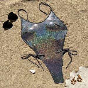 섹시한 반짝이 솔리드 실버 블랙 백 레스 수영복 원피스 비키니 끈 수영복 바디 슈트 여성 biquini 수영복 Tankini