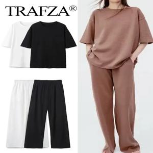 TRAFZA 여성용 빈티지 솔리드 셔츠 바지 세트, O넥 반팔 셔츠, 신축성 허리, 느슨한 바지, 통근 세트 용수철
