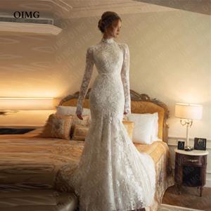 OIMG 빈티지 레이스 긴 소매 웨딩 드레스 가운 Applique 인어 높은 목 공식 Pricness 신부 신부 드레스 사용자 정의