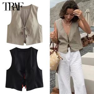 TRAF Beads 여성용 자른 조끼 2024 여름 민소매 조끼 여성 휴가 양복 조끼 조끼 탑 여성 streetwear 여성 자켓