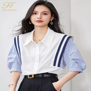 여름 한국 여성 Colorblocking 줄무늬 빈티지 탑 쉬폰 반팔 캐주얼 오피스 셔츠 우아한 블라우스