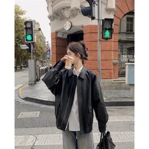 여성용 레트로 커피 다크 브라운, 루즈핏 슬리밍 가죽 재킷, 짧은 오토바이, 아메리칸 스타일, 가을 및 겨울, 2024