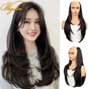 WIGSIN 22 인치 합성 V 자형 계층화 된 4 클립 긴 스트레이트 헤어 익스텐션 여성용 보이지 않는 헤어 피스 가발