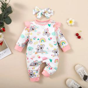 신생아 아기 소녀 바디 슈트 귀여운 작은 코알라 바디 슈트 + Headband2pcs 1-12 개월 Lnfant Baby 봄과 가을 크롤러 슈트에 적합