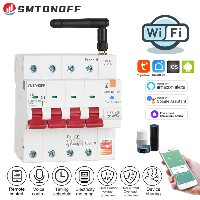 Tuya 스마트 WiFi RS485 4P MCB 차단기 선불 미터 타이머 스위치 전압 전류 보호기 음성 제어 Alexa Google Alice
