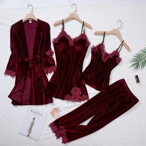 탑 캐주얼 벨벳 홈 의류 4pcs 수면 세트 친밀한 란제리 여성 잠옷 정장 긴 소매 레이스 벨벳 Homewear 잠옷 세트