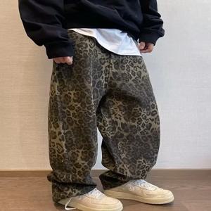 패션 헐렁한 청바지 남성 특대 레오파드 프린트 넓은 다리 데님 바지 힙합 댄스 streetwear 가을 새로운 바지