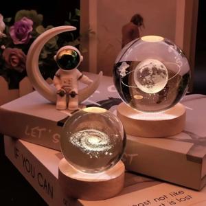6/8cm 3D 크리스탈 볼 유리 행성 LED 따뜻한 무드등 레이저 각인 태양계 지구본 우주 생일 선물 나무 받침대