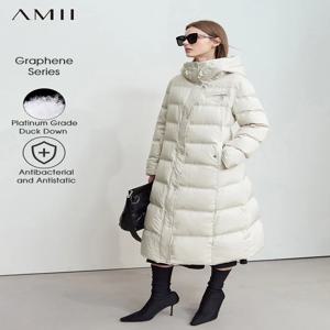 Amii 2024 겨울 새로운 따뜻한 후드 그래 핀 라이닝 롱 다운 재킷 여성 가죽 브랜드 장식 패션 통근 코트 12444029