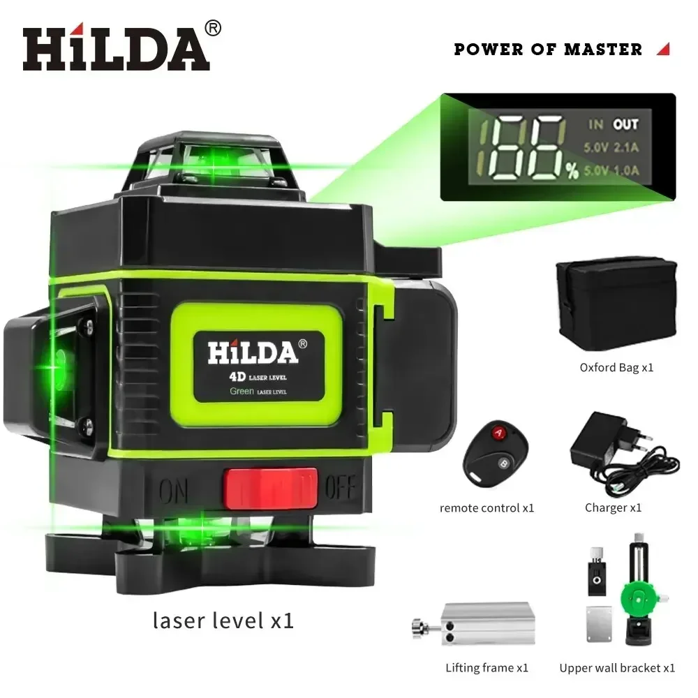 HILDA 12/16 라인 3/4D 레이저 레벨 셀프 레벨링 360, 수평 및 수직 크로스, 초강력 그린 레이저 레벨