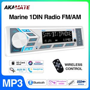 AKAMATE 1Din 보트 라디오 RV ATV UTV SPA RZR 해양 미디어 스테레오 플레이어 Bluetooth AUX USB 원격 제어 FM AM 라디오