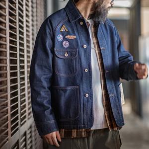 Maden 빈티지 수 놓은 배지 12.8oz 헤비급 데님 재킷 남성용 라펠 캐주얼 겉옷 봄, 가을 Chore Coat