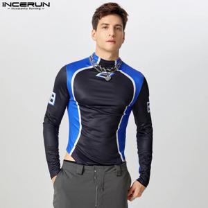 INCERUN 남성용 긴팔 컬러 블록 바디수트, 편안한 홈웨어, 미국 스타일, 남성 라운지웨어, 디지털 프린팅, 잘 맞는