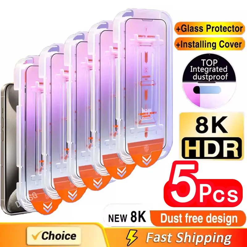 5Pcs 소유 성 코팅 먼지가없는 쉬운 설치 화면 보호기 iPhone 15 14 11 13 12 16 Pro Max XS XR 15 16 Plus Glass