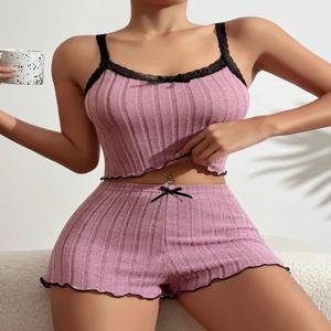 용수철 여성용 슬링 잠옷 세트, 레이스 크롭탑 및 반바지, 라운지웨어 홈웨어, 여성 감각, 여름 신상