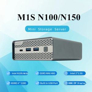 새로운 M1S 4 베이 미니 NAS 스토리지 서버 M.2 NVme PCIE 3.0X1 박스 호스트 소프트 라우터 홈 산업용 컴퓨터 N100 N150 미니 PC