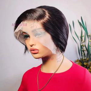 13x1 T 부분 레이스 자연 블랙 컬러 픽시 컷 짧은 곱슬 인간의 머리 가발 6 인치 180% 밀도 일일 파티 사용 레미 가발 여성용