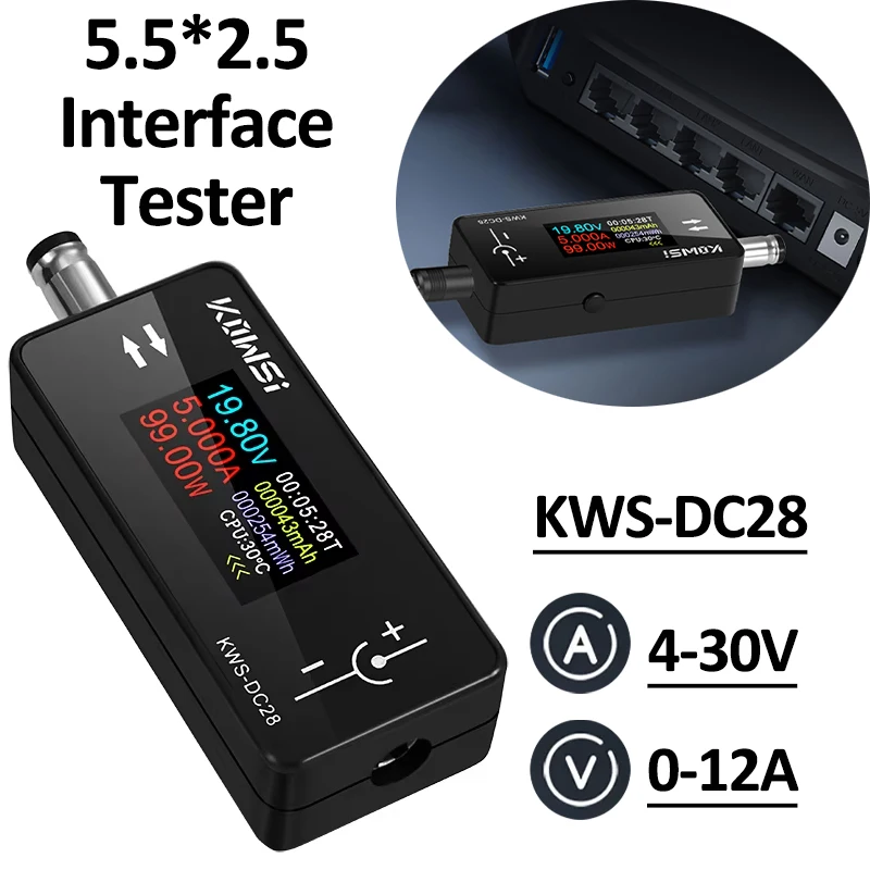 TFT HD 디지털 전압계 전원 계량기, DC 4-30V 0-12A, DC5.5 x 2.5 인터페이스 테스터, 전압 전류 모니터, 배터리 용량 감지기