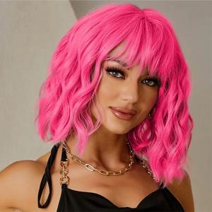HAIRJOY ​​합성 머리 여성 핑크 밥 가발 짧은 곱슬 내열성 파티 가발