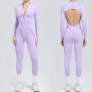 2025 여성용 원피스 요가 점프 슈트 레깅스 지퍼 나일론 긴팔 섹시한 백 레스 슬림 피트 스포츠 복장 (가슴 패드 포함)