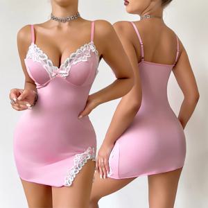 여름 뜨거운 여성 Nightdress 매혹적인 핑크 딥 V 민소매 패션 레이스 수면 잠옷 복장 숙녀 란제리 잠옷 Homewear
