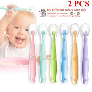 2pcs 아기 부드러운 실리콘 숟가락 & PP 투명 상자 아기 먹이 소프트 팁 식기 학습 먹는 훈련 보조 도구