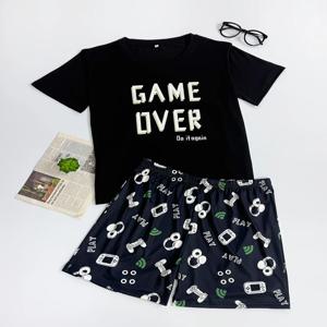 남성 캐주얼 'GAME OVER' 프린트 파자마 세트 - 게임 컨트롤러 디자인의 블랙 크루넥 티셔츠 & 반바지 여름 잠옷