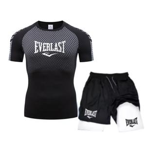 EVERLAST 남성용 압축 셔츠 + 2-in-1 스포츠 반바지 2pcs 세트 레저 호흡 반팔 스포츠 조깅 체육관 브랜드 프린트 의류
