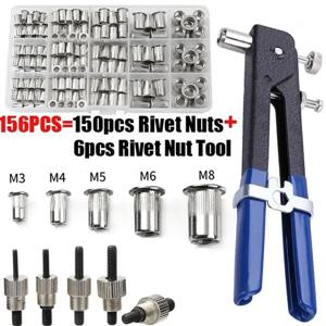 150PCS 스테인레스 스틸 리벳 너트 키트 M3 M4 M5 M6 M8 리벳 너트 건 및 5PCS 플랫 헤드 나사 압착 플라이어 수리 도구