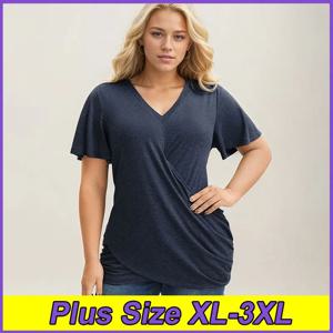 여성용 플러스 사이즈 티셔츠 루즈하고 캐주얼 티셔츠 여름 패션 얇은 통근자 탑 XL-3XL 여성용 새 v 넥 솔리드 컬러 의류