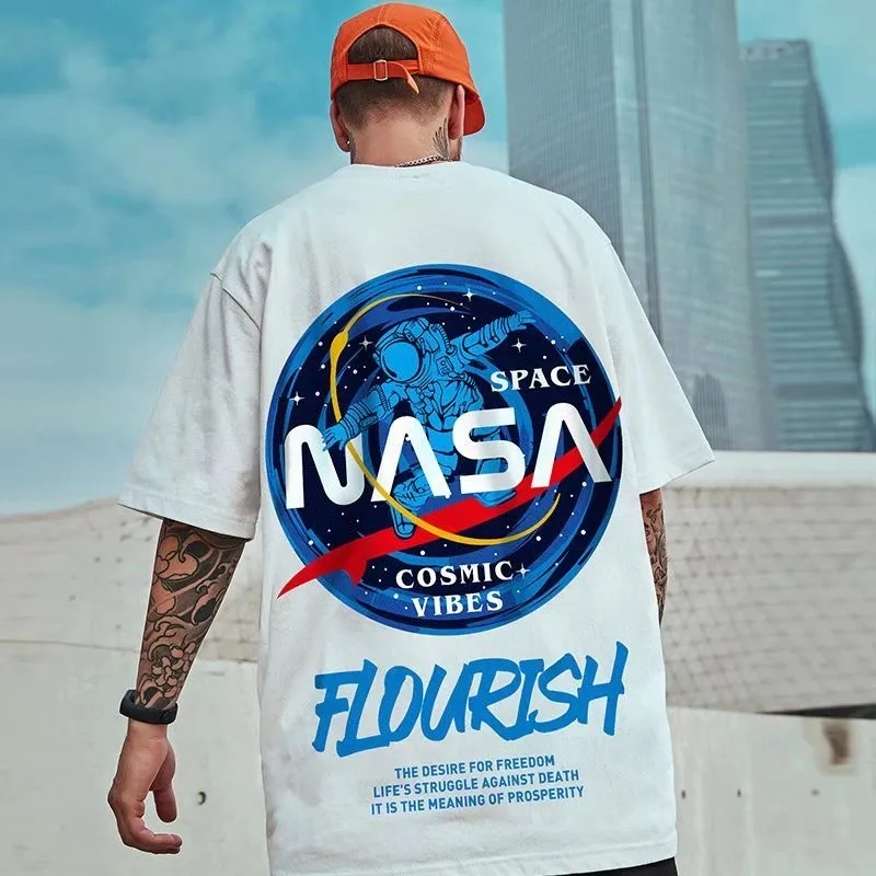 남성용 오버사이즈 패션 미국 빈티지 우주 비행사, NASA 패턴 프린트, 반팔 라운드 넥, 다목적 트렌드 커플 의상, 8XL