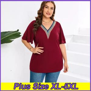 여름 XL-5XL 레드 레이스 v 넥 탑 캐주얼 솔리드 컬러 의류 레이디 편안한 통근 티셔츠 여성용 플러스 사이즈 티셔츠