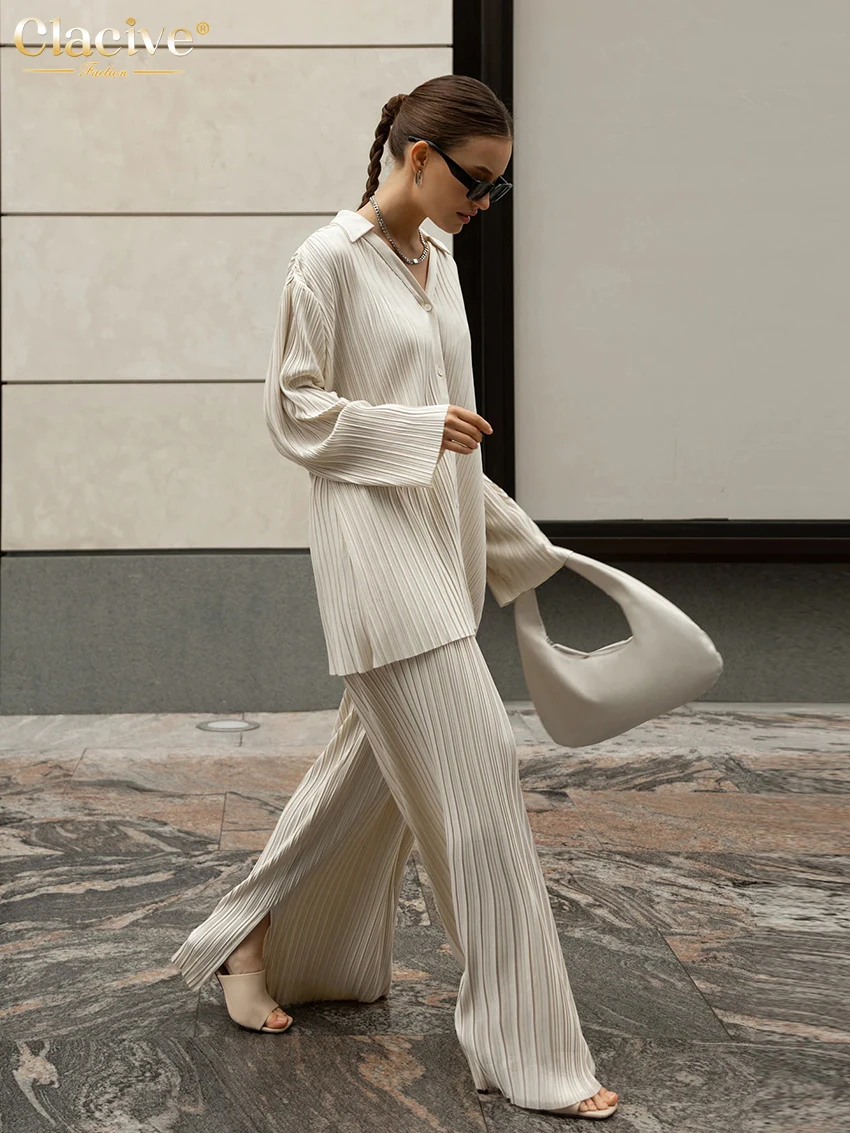 Clacive 패션 긴 소매 블라우스 여성 두 Peice 세트 캐주얼 루즈 슬릿 와이드 바지 정장 우아한 흰색 Pleated 여성 세트